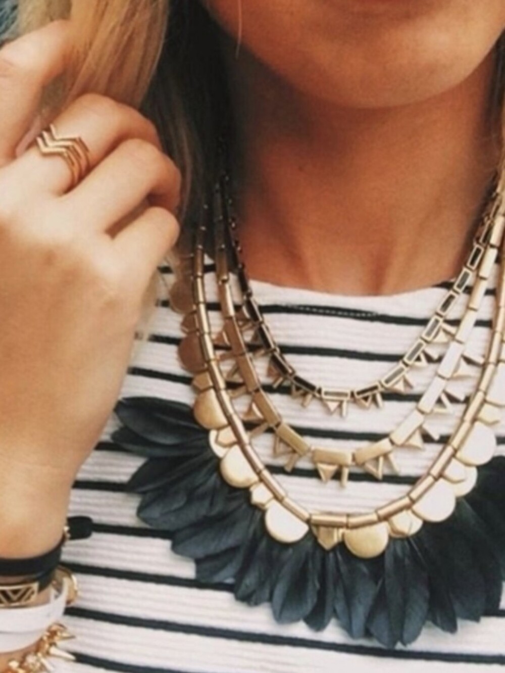 Stella And Dot Plume Necklace - Removable Feathers - Gold, Black, Blue